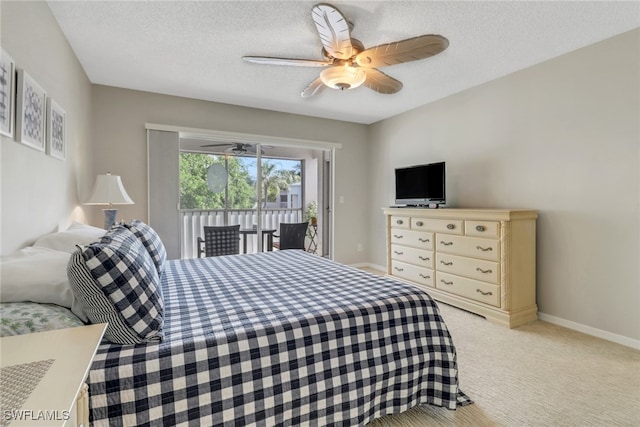 bedroom with baseboards, light colored carpet, access to exterior, and a textured ceiling