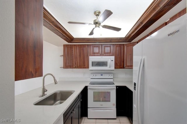 kitchen featuring a sink, open shelves, white appliances, light countertops, and ceiling fan