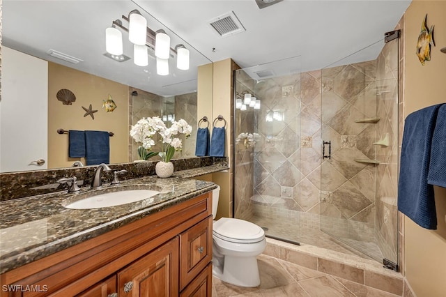 bathroom with visible vents, toilet, a stall shower, and vanity