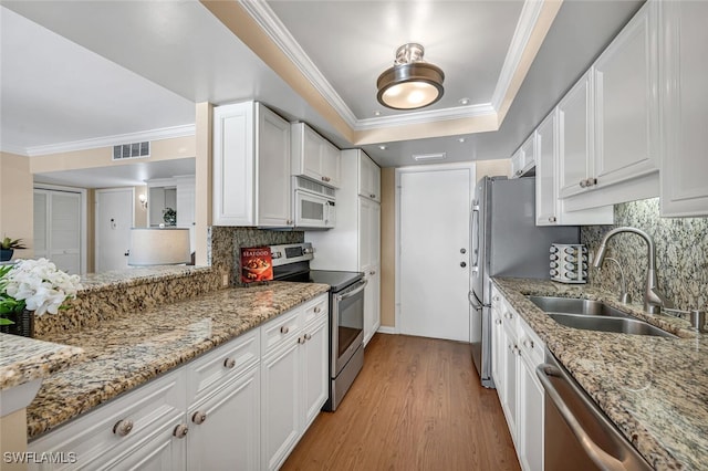 kitchen featuring a tray ceiling, a sink, stainless steel appliances, white cabinets, and crown molding