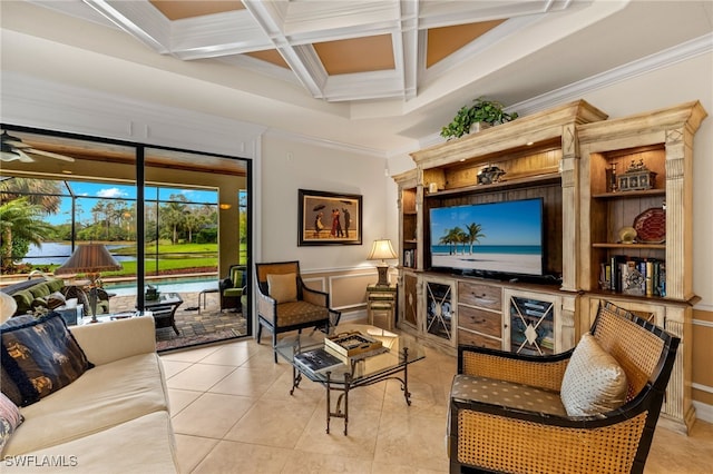 living area with ceiling fan, coffered ceiling, ornamental molding, and a sunroom