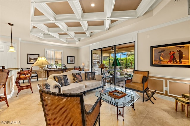 living room with beam ceiling, crown molding, a healthy amount of sunlight, and coffered ceiling