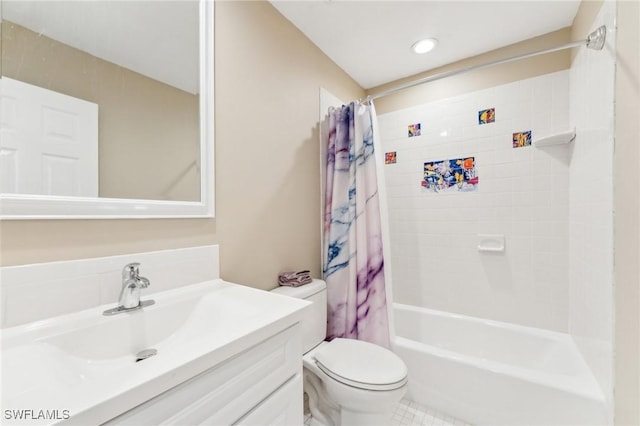 full bath with vanity, toilet, and shower / tub combo with curtain