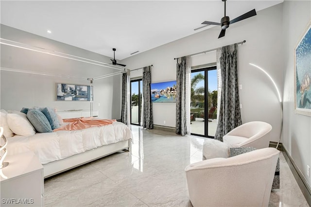 836 Miramar Ct, Cape Coral, FL 33904 - bedroom featuring access to exterior, baseboards, visible vents, and ceiling fan