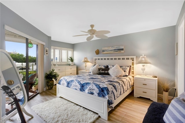 bedroom featuring a ceiling fan, access to exterior, light wood-style floors, and baseboards