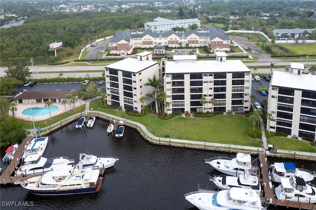 bird's eye view with a water view