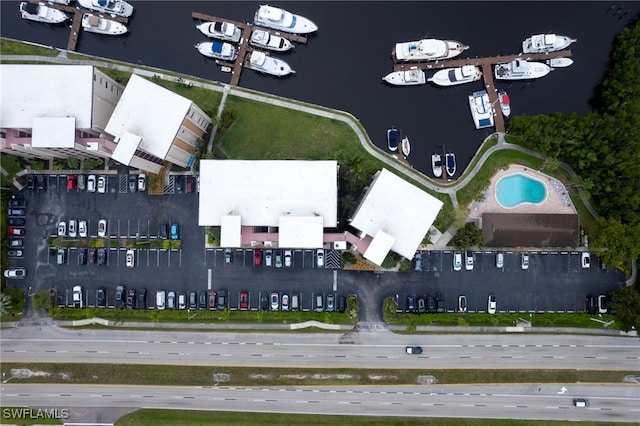 aerial view featuring a water view