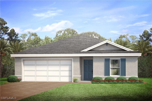 ranch-style house featuring driveway, an attached garage, a shingled roof, stucco siding, and a front lawn