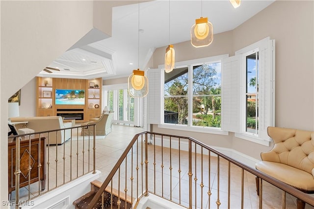 stairway featuring tile patterned floors, recessed lighting, baseboards, and ornamental molding