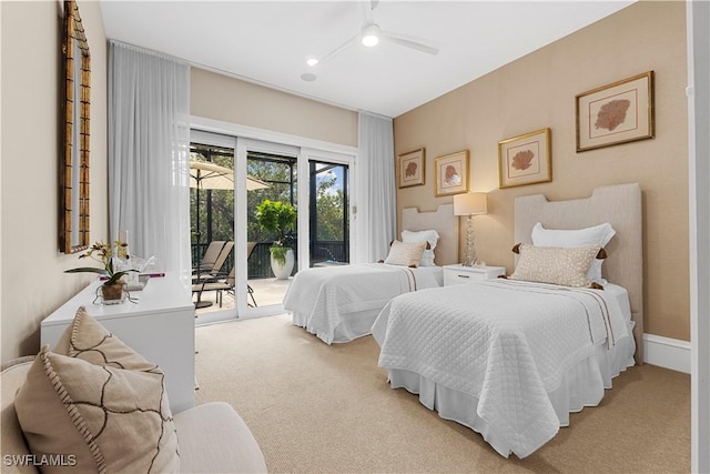 bedroom with access to outside, a ceiling fan, and light carpet