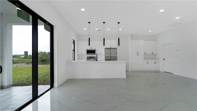 unfurnished living room featuring recessed lighting and marble finish floor