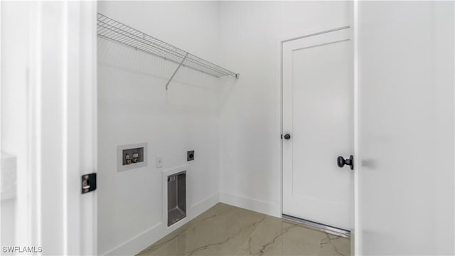 washroom with baseboards, laundry area, hookup for a washing machine, marble finish floor, and electric dryer hookup