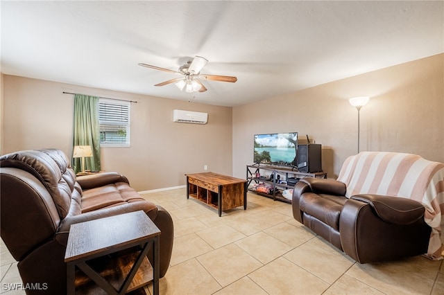 2184 Barry Dr, Fort Myers, FL 33907 - living area with light tile patterned floors, baseboards, a wall mounted air conditioner, and a ceiling fan