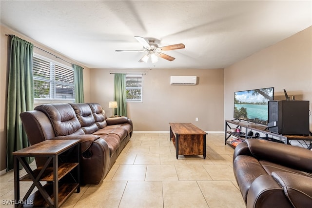 2184 Barry Dr, Fort Myers, FL 33907 - living area with light tile patterned flooring, baseboards, a wall mounted air conditioner, and a ceiling fan