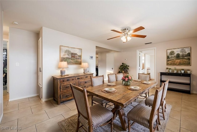 dining area with light tile patterned floors, visible vents, baseboards, and a ceiling fan