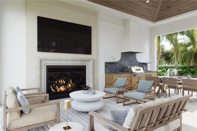 living room with a fireplace and wood ceiling