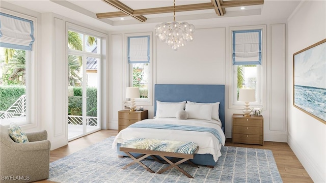 bedroom featuring coffered ceiling, beam ceiling, light wood-style flooring, access to exterior, and a notable chandelier