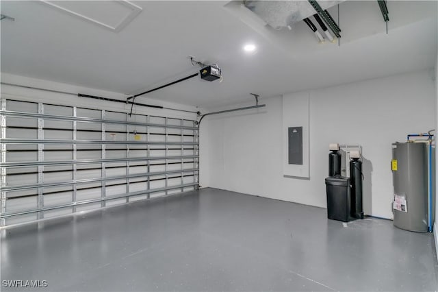 garage with electric panel, a garage door opener, and electric water heater