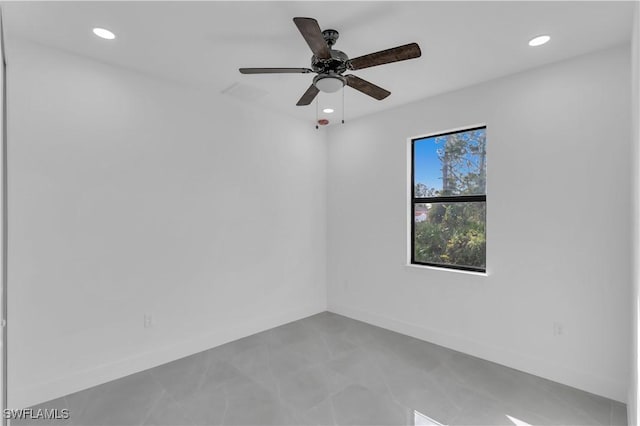 unfurnished room with recessed lighting, baseboards, and ceiling fan