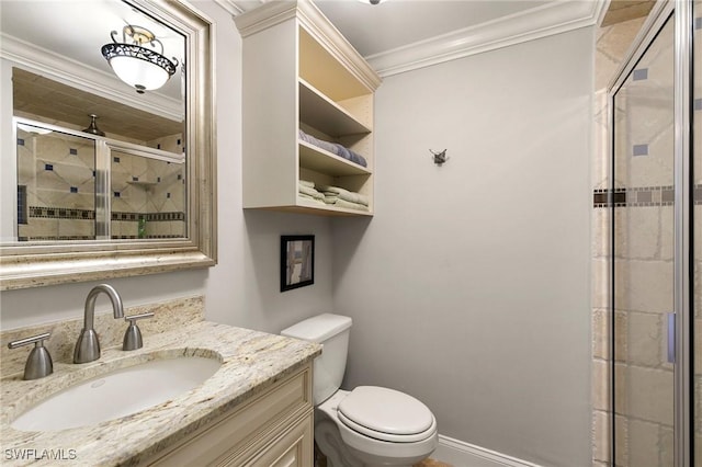 full bathroom featuring vanity, baseboards, a shower stall, crown molding, and toilet