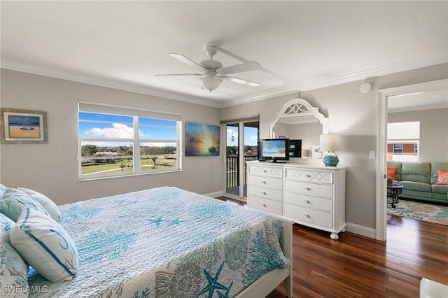 bedroom with baseboards, dark wood-type flooring, access to exterior, and crown molding