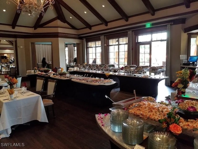 misc room featuring beamed ceiling, an inviting chandelier, wood finished floors, and high vaulted ceiling