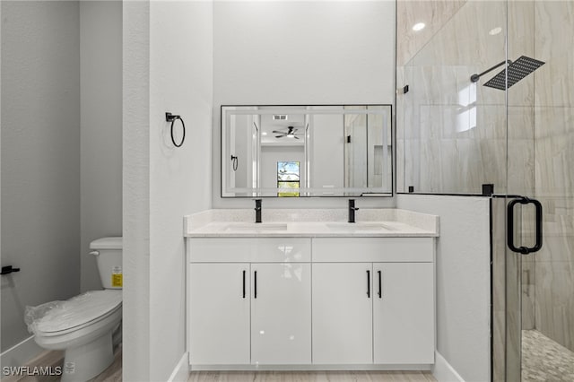 full bathroom featuring a shower stall, toilet, and a sink