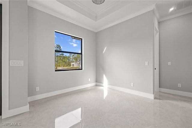 empty room featuring visible vents, baseboards, a tray ceiling, recessed lighting, and crown molding