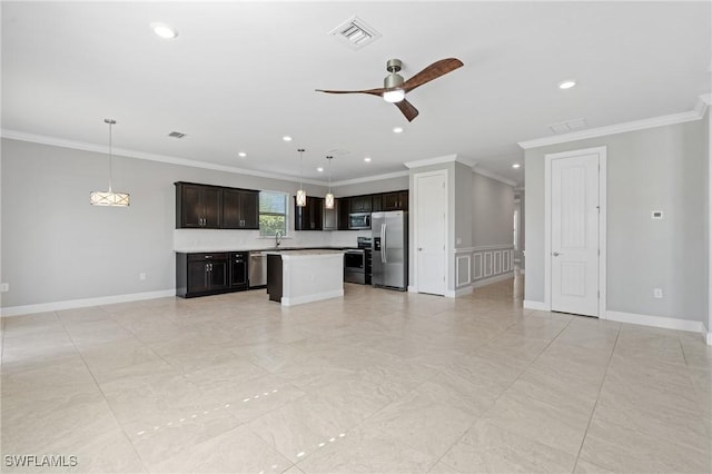 unfurnished living room featuring ornamental molding, a ceiling fan, visible vents, and baseboards