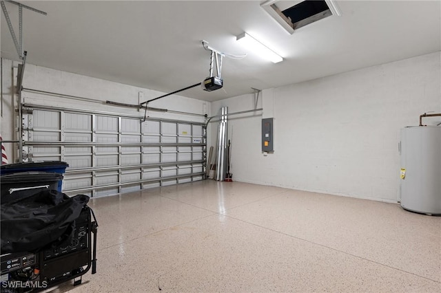 garage featuring electric panel, concrete block wall, electric water heater, and a garage door opener