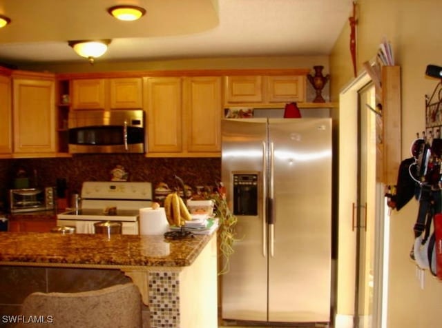 kitchen with open shelves, dark stone counters, a toaster, stainless steel appliances, and decorative backsplash