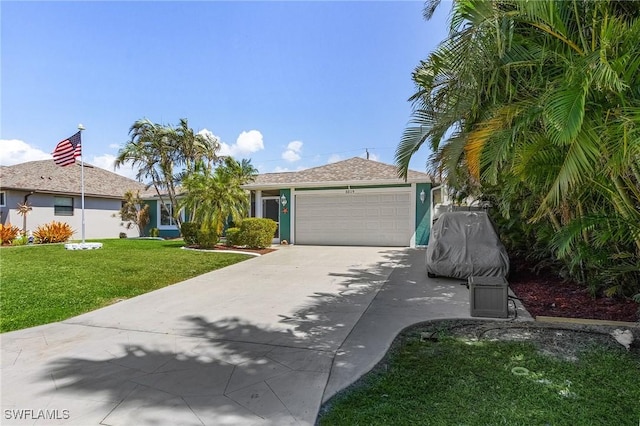 3319 Surfside Blvd, Cape Coral, FL 33914 - ranch-style house with a garage, concrete driveway, a front yard, and stucco siding