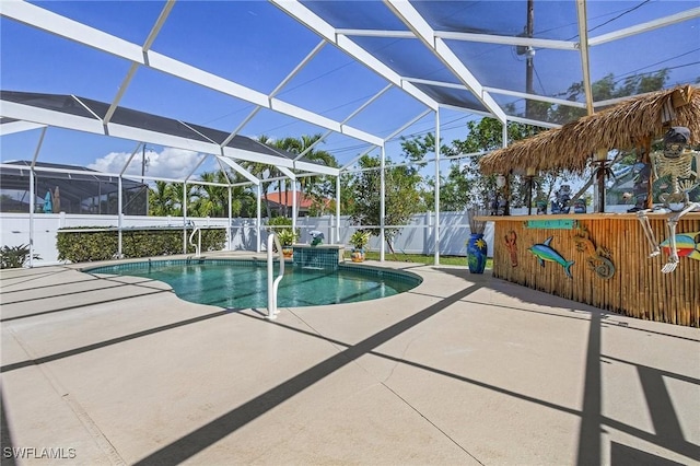 3319 Surfside Blvd, Cape Coral, FL 33914 - view of swimming pool featuring a fenced in pool, a patio, glass enclosure, and fence
