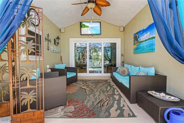 3319 Surfside Blvd, Cape Coral, FL 33914 - living room with a textured ceiling, ceiling fan, and vaulted ceiling