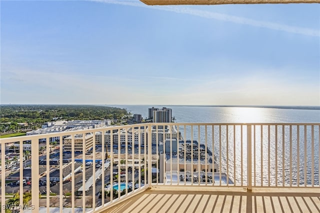 balcony featuring a water view