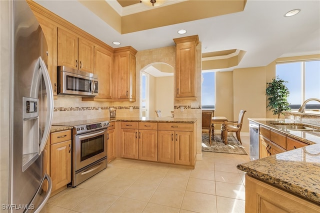 kitchen featuring ornamental molding, a sink, light stone counters, appliances with stainless steel finishes, and a raised ceiling