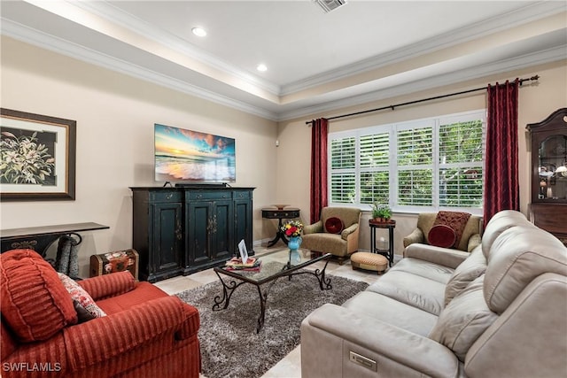 6849 Il Regalo Cir, Naples, FL 34109 - living area featuring visible vents, crown molding, a tray ceiling, recessed lighting, and light tile patterned flooring