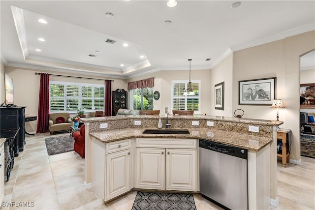 6849 Il Regalo Cir, Naples, FL 34109 - kitchen with visible vents, open floor plan, stainless steel dishwasher, a raised ceiling, and a sink