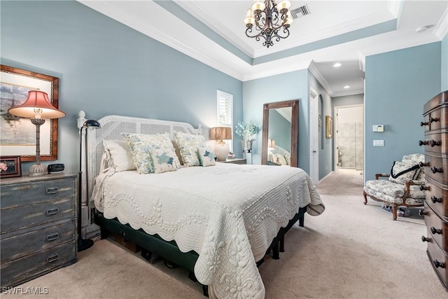 6849 Il Regalo Cir, Naples, FL 34109 - bedroom featuring visible vents, a notable chandelier, ensuite bath, a raised ceiling, and light colored carpet