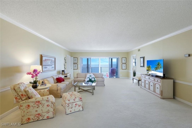 living area featuring a textured ceiling, crown molding, baseboards, and carpet floors