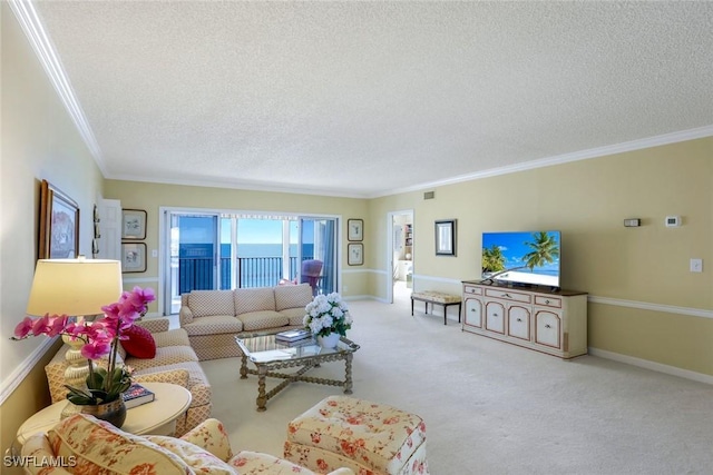 living area featuring baseboards, a textured ceiling, ornamental molding, and carpet flooring