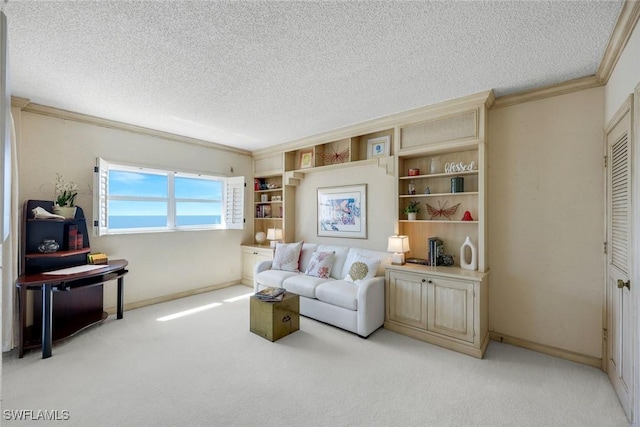 living room featuring crown molding, carpet flooring, baseboards, and a textured ceiling