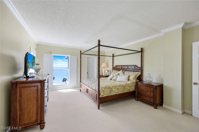 bedroom with light colored carpet, ornamental molding, and a textured ceiling