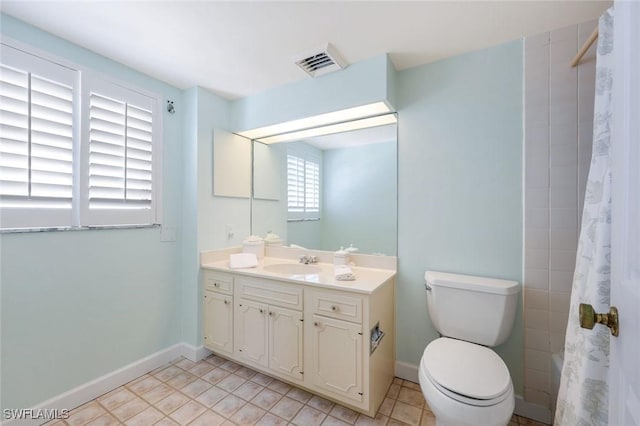 full bathroom with visible vents, baseboards, toilet, and vanity