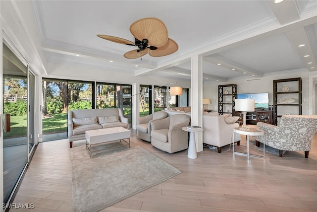 living room featuring ceiling fan, ornamental molding, beam ceiling, recessed lighting, and light wood-style floors