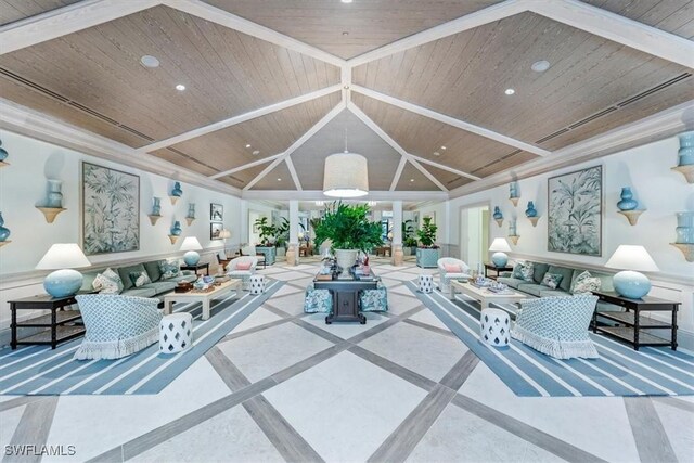 living room featuring a wainscoted wall, high vaulted ceiling, a wood stove, recessed lighting, and wooden ceiling