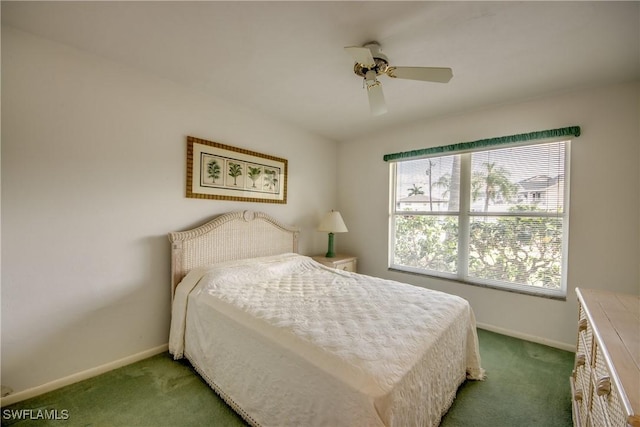 bedroom with baseboards, carpet, and ceiling fan