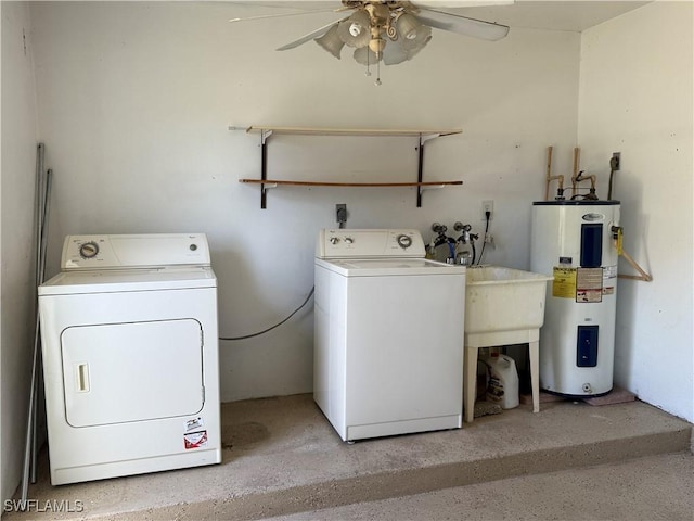 laundry room featuring a ceiling fan, separate washer and dryer, water heater, and laundry area