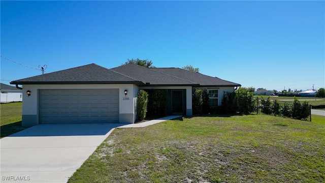 single story home featuring a front lawn, concrete driveway, roof with shingles, stucco siding, and a garage