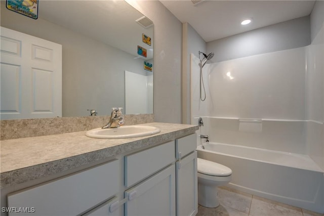 full bath featuring visible vents, toilet, washtub / shower combination, tile patterned flooring, and vanity